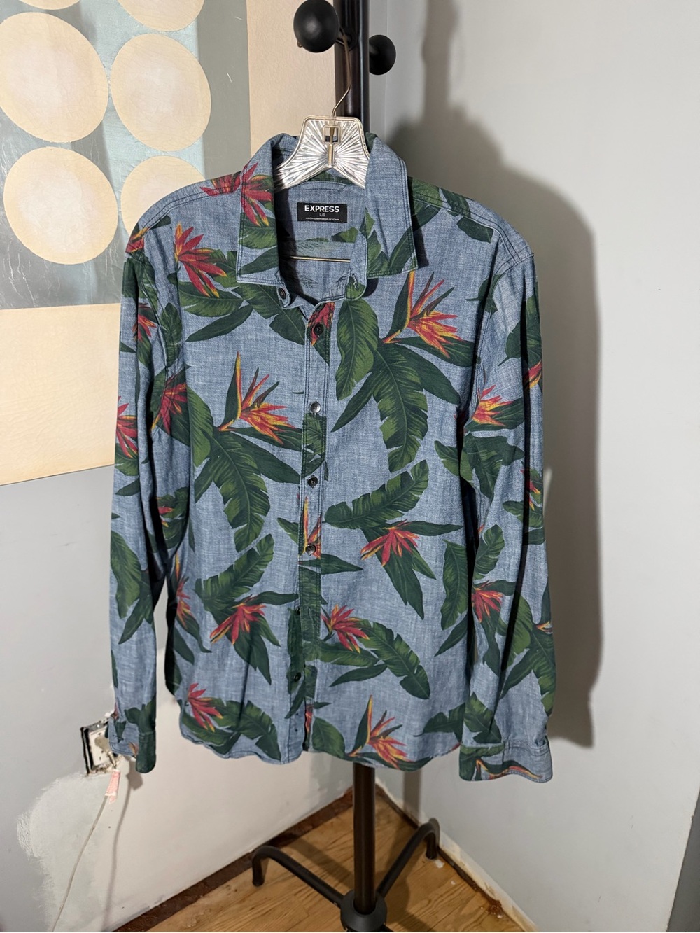 Express Blue Tropical Leaf & Floral Button-Down Shirt